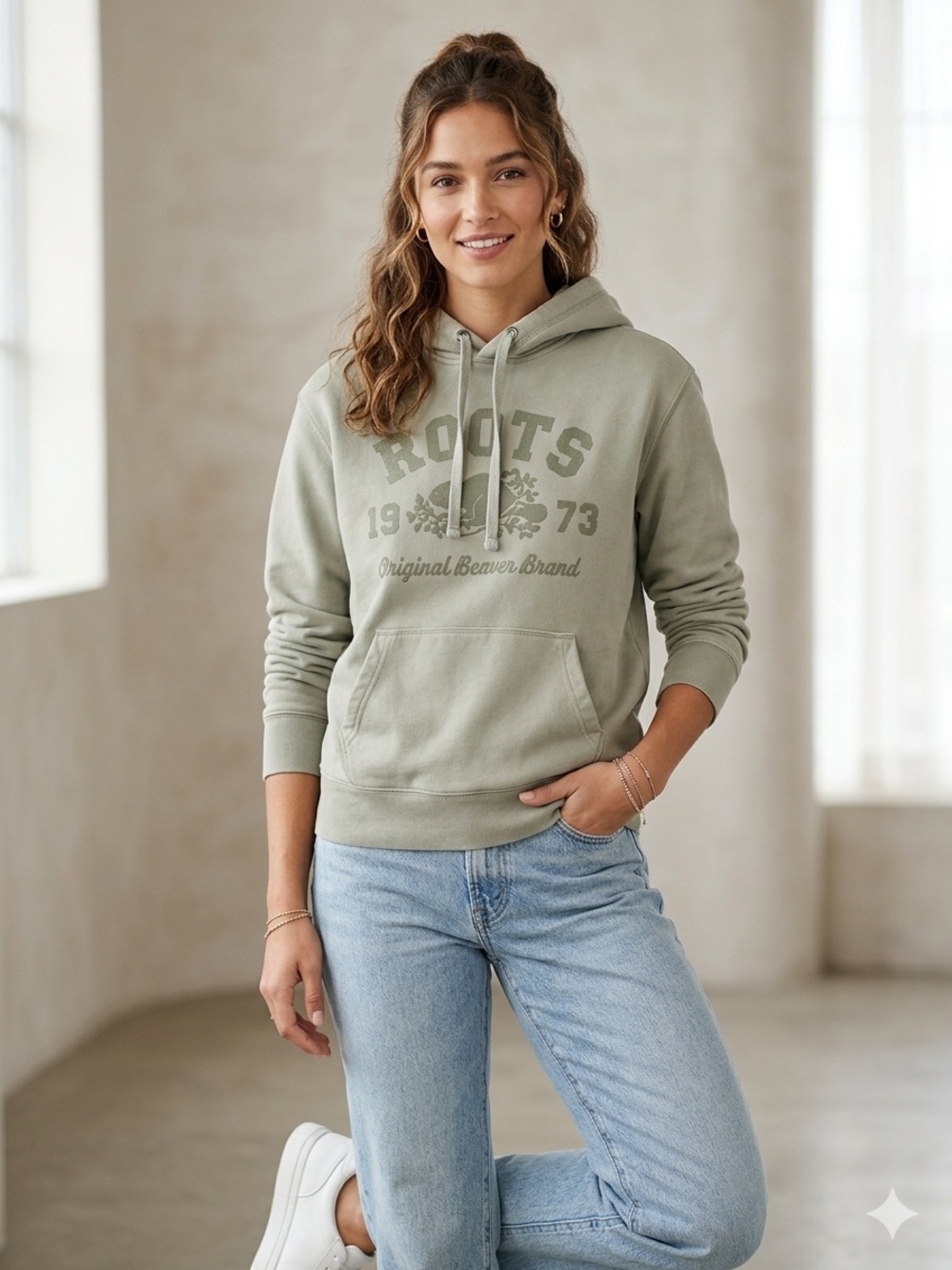Roots Women's Sage Green Logo Pullover Hoodie